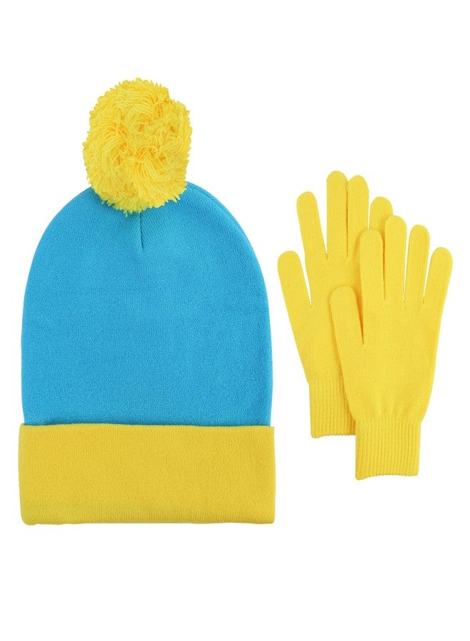 FONYFA Halloween Character Cosplay Headwear and Gloves,Cartman Knit Pom Beanie Hat, Halloween Custume Winter Hat Set for Adult (blue and yellow) - Image 1